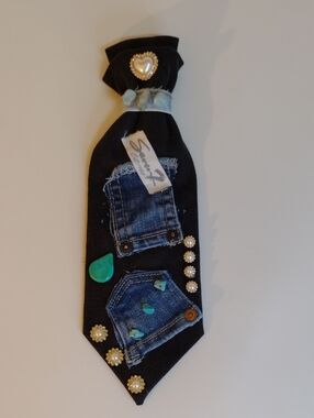 Black Denim Pocket Embellished Tie with Turquoise Accents